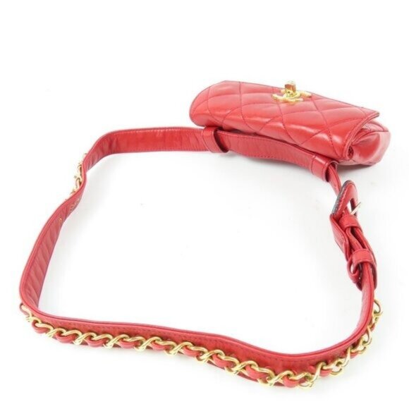 Authentic CHANEL CC Vintage Matelasse Lambskin Waist Pouch Bum Bag Leather Red - Picture 10 of 16